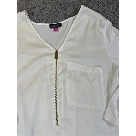 Vince Camuto White Blouse Zipper & Pocket Size M Long Roll Sleeve - Picture 2 of 9